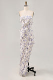 Blue Floral Strapless Ruffled Asymmetrical Wedding Guest Dress with Slit