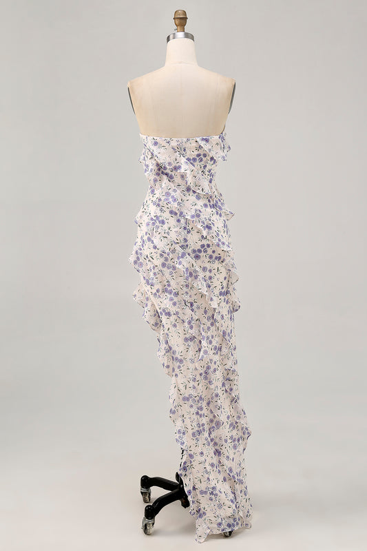 Blue Floral Strapless Ruffled Asymmetrical Wedding Guest Dress with Slit