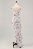 Blue Floral Strapless Ruffled Asymmetrical Wedding Guest Dress with Slit