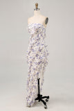 Blue Floral Strapless Ruffled Asymmetrical Wedding Guest Dress with Slit