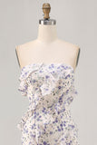 Blue Floral Strapless Ruffled Asymmetrical Wedding Guest Dress with Slit