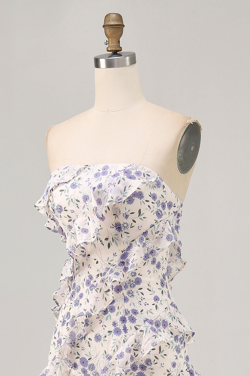 Blue Floral Strapless Ruffled Asymmetrical Wedding Guest Dress with Slit
