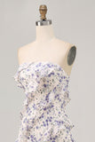 Blue Floral Strapless Ruffled Asymmetrical Wedding Guest Dress with Slit