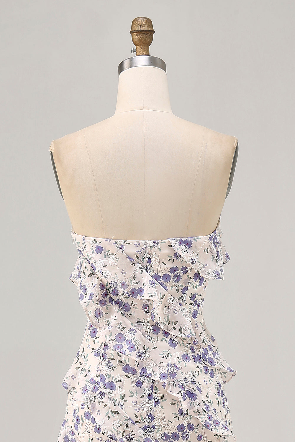 Blue Floral Strapless Ruffled Asymmetrical Wedding Guest Dress with Slit