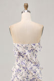 Blue Floral Strapless Ruffled Asymmetrical Wedding Guest Dress with Slit