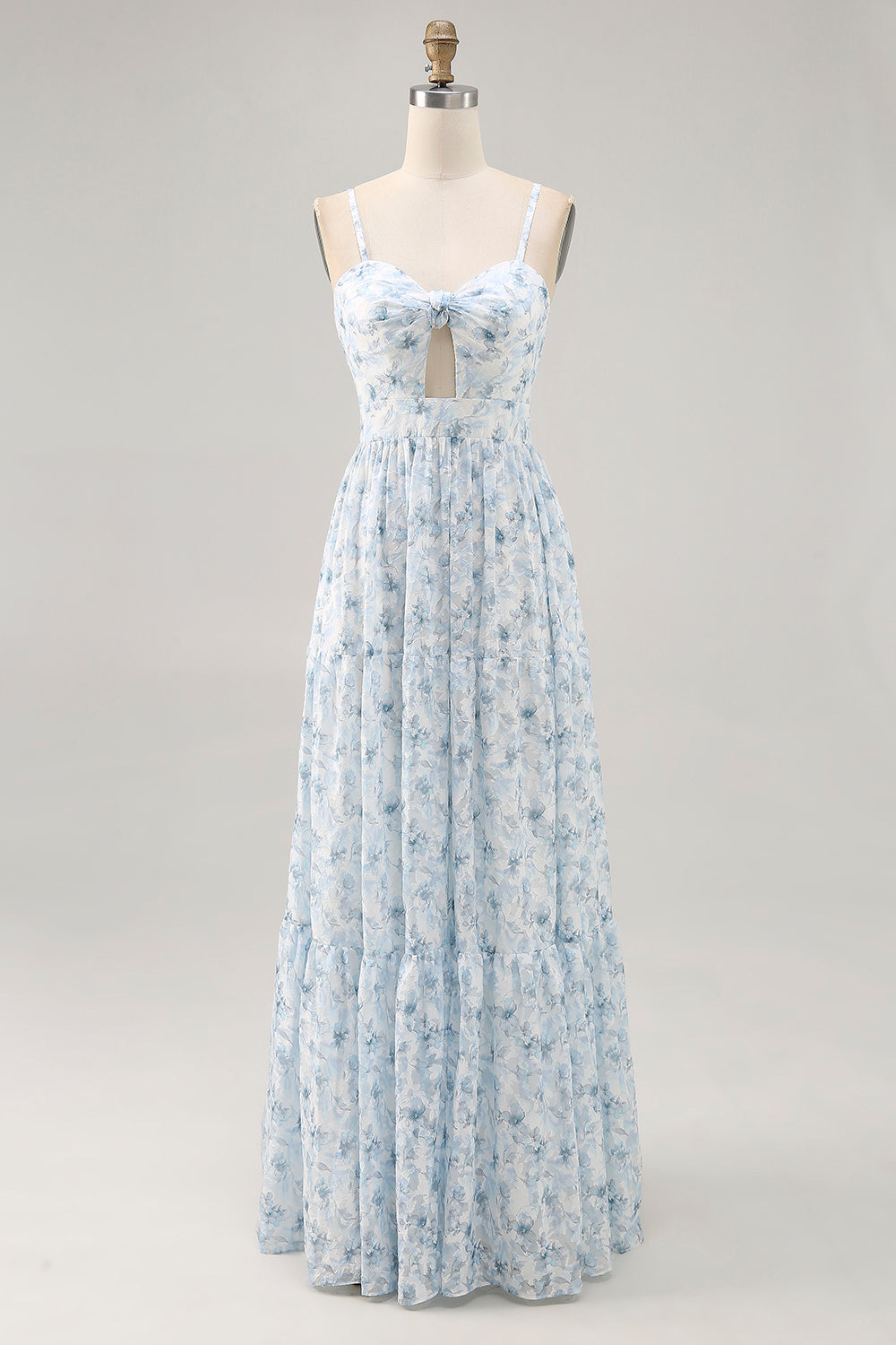 Pink Floral Chiffon Ruched Long Wedding Guest Dress with Keyhole