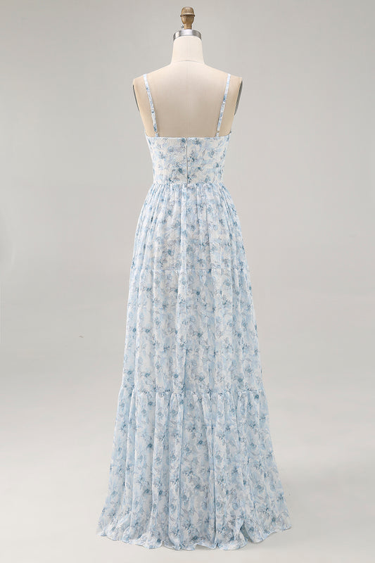 Blue Floral Ruched Chiffon Long Wedding Guest Dress with Keyhole