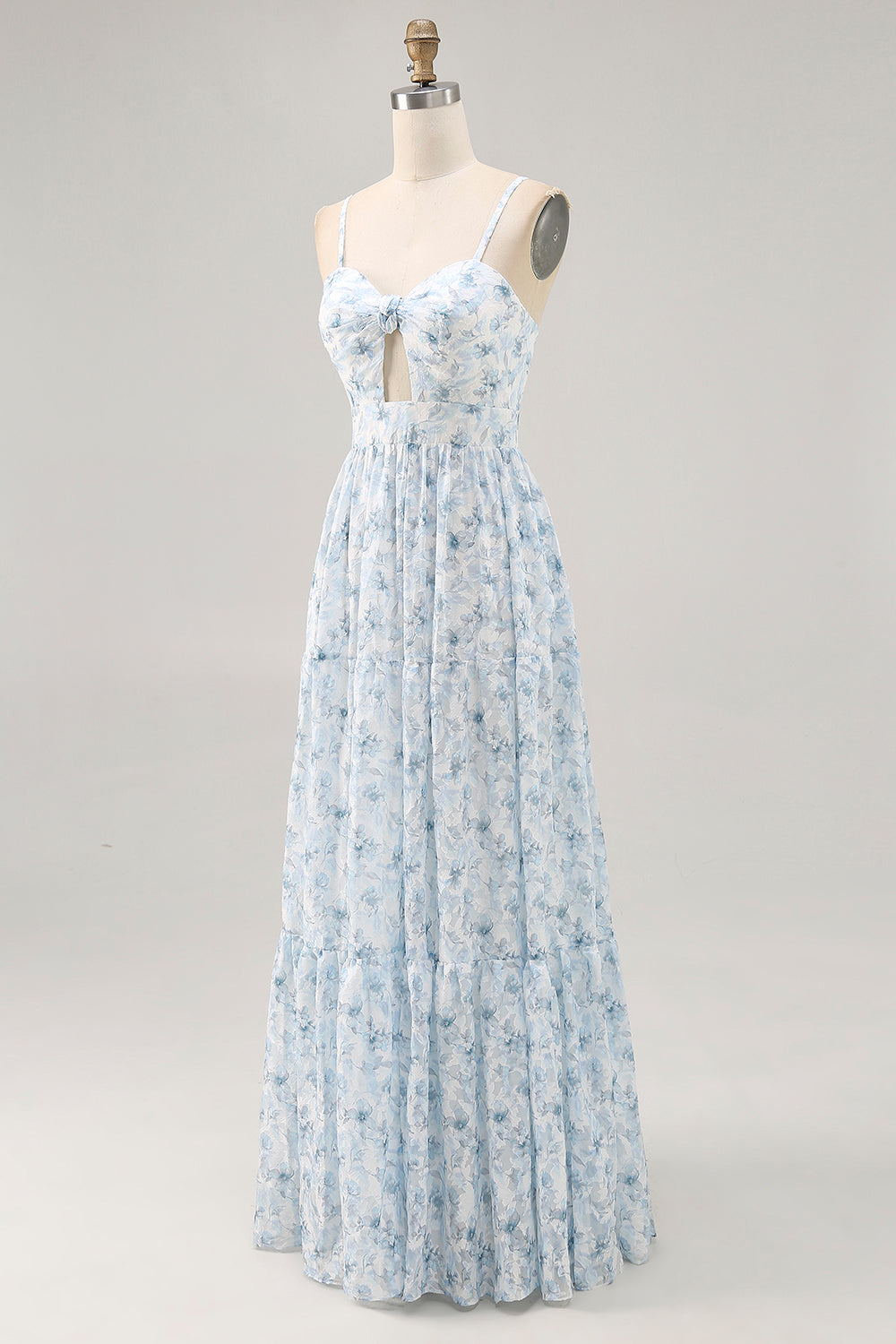 Pink Floral Chiffon Ruched Long Wedding Guest Dress with Keyhole