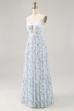 Pink Floral Chiffon Ruched Long Wedding Guest Dress with Keyhole