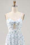Pink Floral Chiffon Ruched Long Wedding Guest Dress with Keyhole