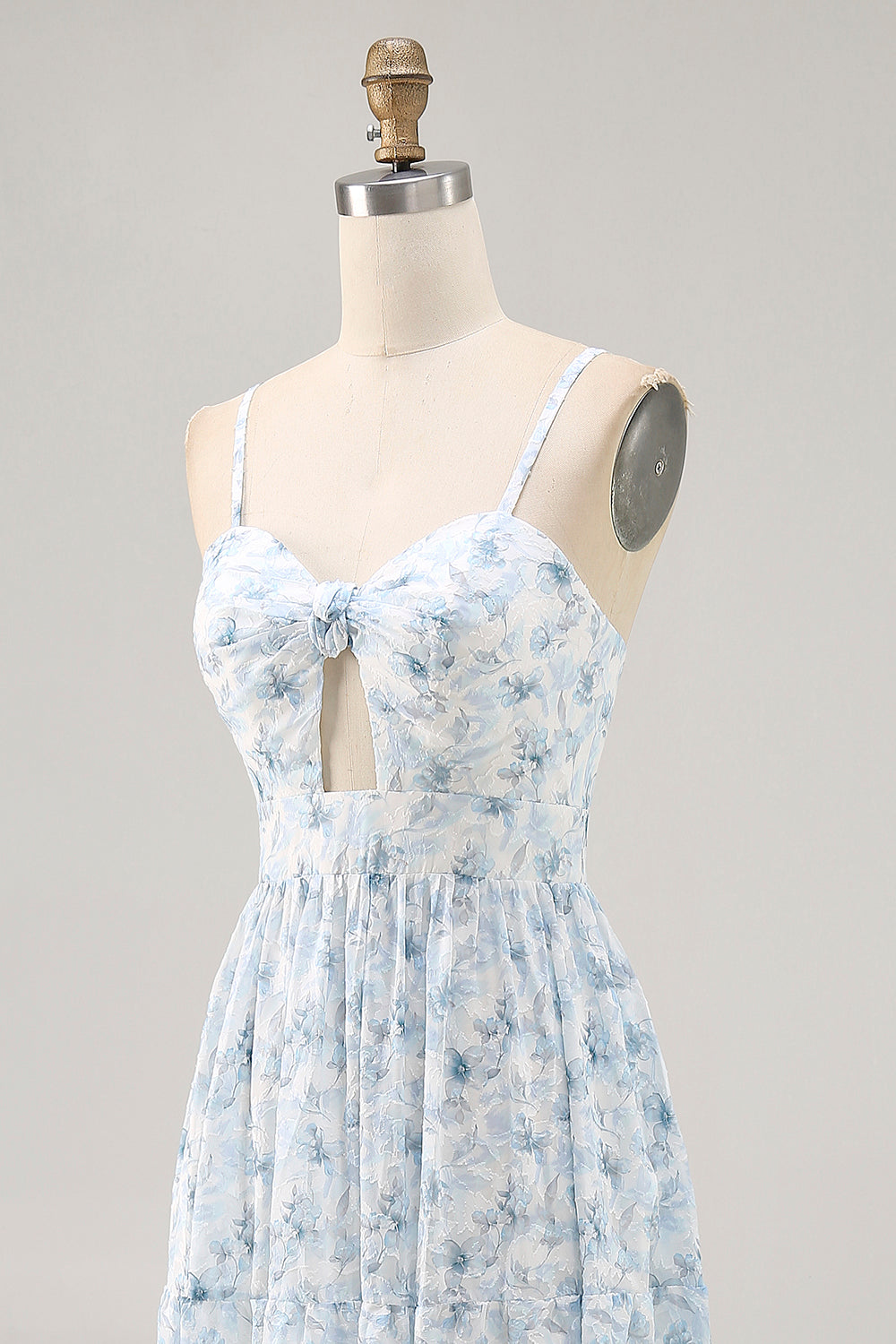 Pink Floral Chiffon Ruched Long Wedding Guest Dress with Keyhole