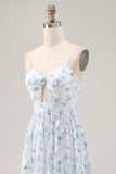 Pink Floral Chiffon Ruched Long Wedding Guest Dress with Keyhole