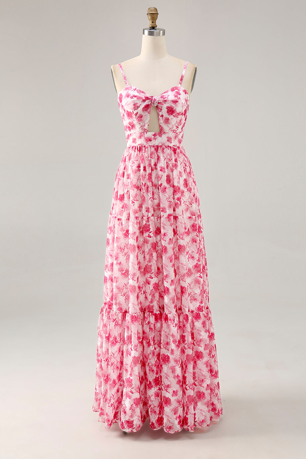 Pink Floral Chiffon Ruched Long Wedding Guest Dress with Keyhole