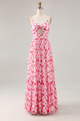 Pink Floral Chiffon Ruched Long Wedding Guest Dress with Keyhole