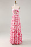 Pink Floral Chiffon Ruched Long Wedding Guest Dress with Keyhole
