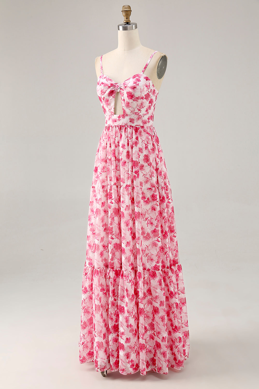 Pink Floral Chiffon Ruched Long Wedding Guest Dress with Keyhole