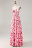 Pink Floral Chiffon Ruched Long Wedding Guest Dress with Keyhole