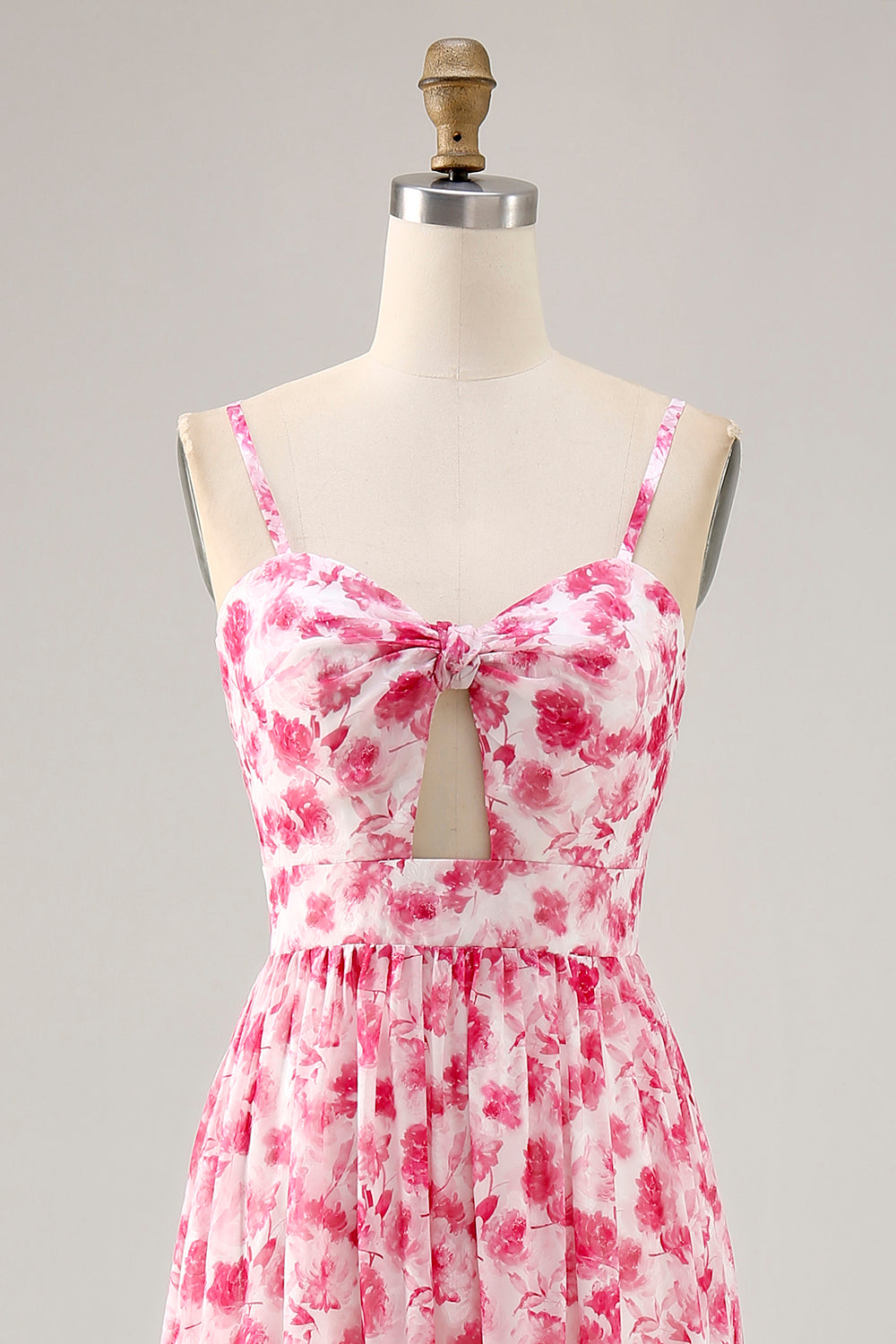 Pink Floral Chiffon Ruched Long Wedding Guest Dress with Keyhole
