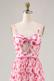 Pink Floral Chiffon Ruched Long Wedding Guest Dress with Keyhole