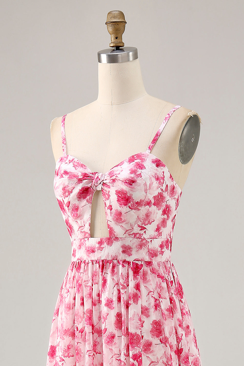 Pink Floral Chiffon Ruched Long Wedding Guest Dress with Keyhole