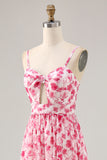 Pink Floral Chiffon Ruched Long Wedding Guest Dress with Keyhole
