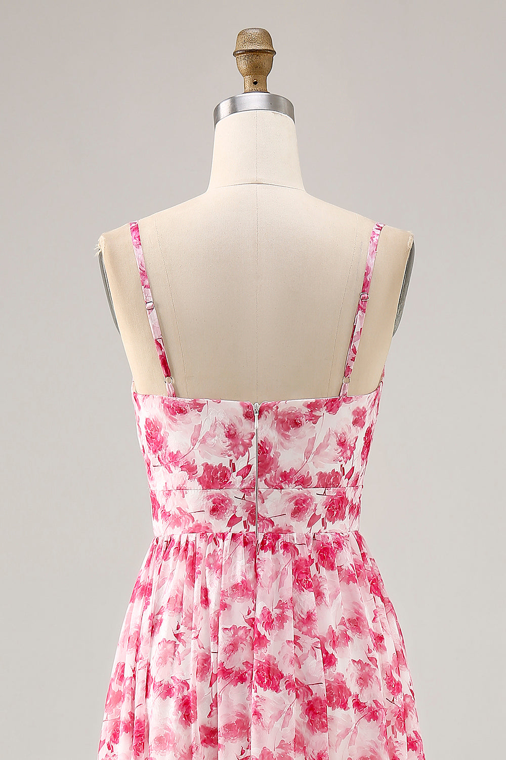 Pink Floral Chiffon Ruched Long Wedding Guest Dress with Keyhole