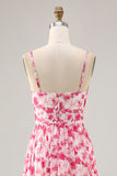 Pink Floral Chiffon Ruched Long Wedding Guest Dress with Keyhole