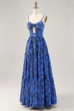 Blue Floral Ruched Jacquard Long Wedding Guest Dress with Keyhole