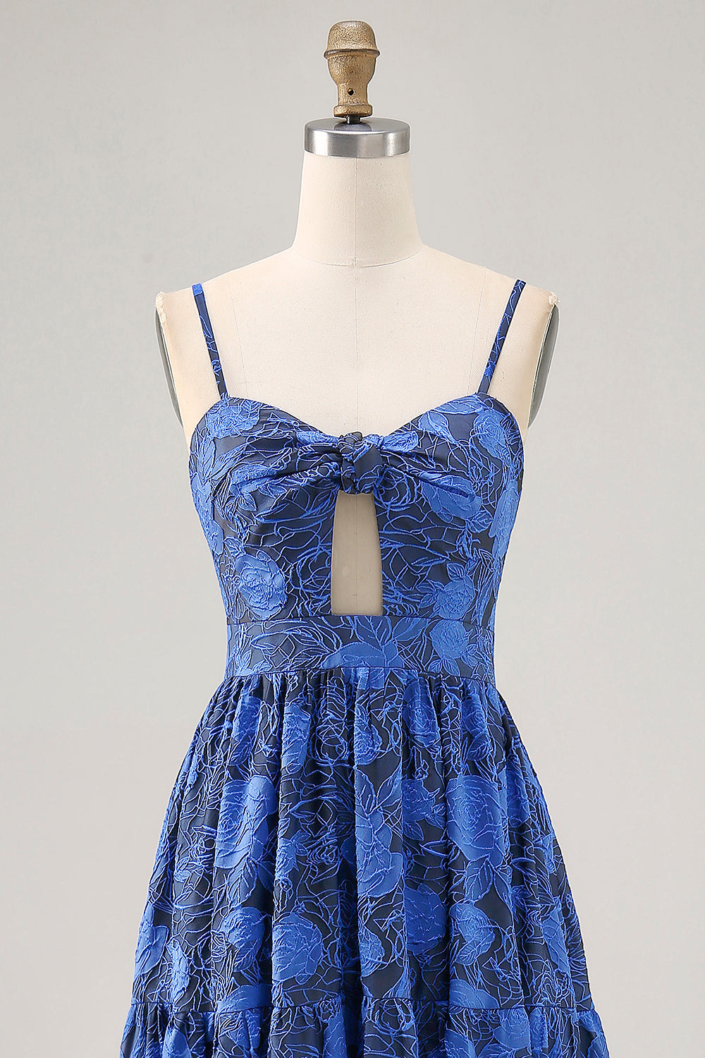 Blue Floral Ruched Jacquard Long Wedding Guest Dress with Keyhole