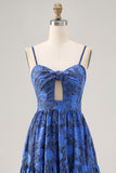 Blue Floral Ruched Jacquard Long Wedding Guest Dress with Keyhole