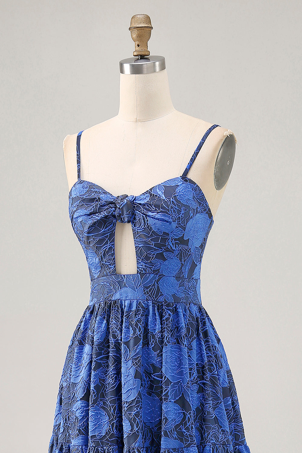 Blue Floral Ruched Jacquard Long Wedding Guest Dress with Keyhole