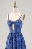 Blue Floral Ruched Jacquard Long Wedding Guest Dress with Keyhole