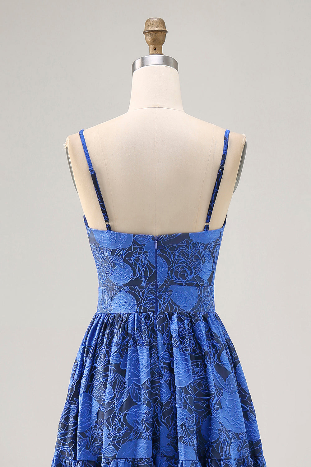 Blue Floral Ruched Jacquard Long Wedding Guest Dress with Keyhole