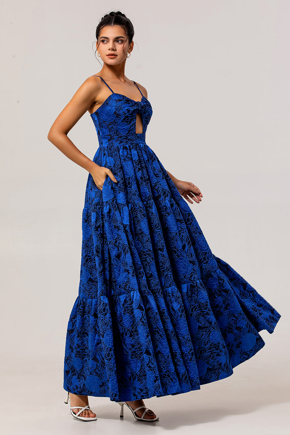 Blue Floral Jacquard Long Ruched Wedding Guest Dress with Keyhole