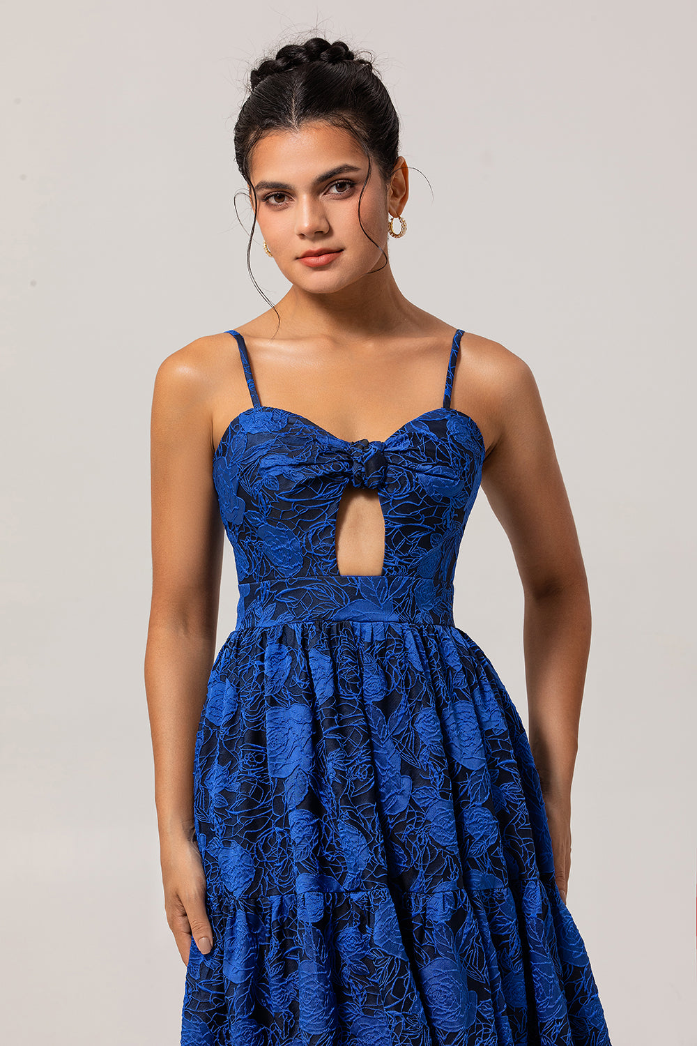 Blue Floral Jacquard Long Ruched Wedding Guest Dress with Keyhole