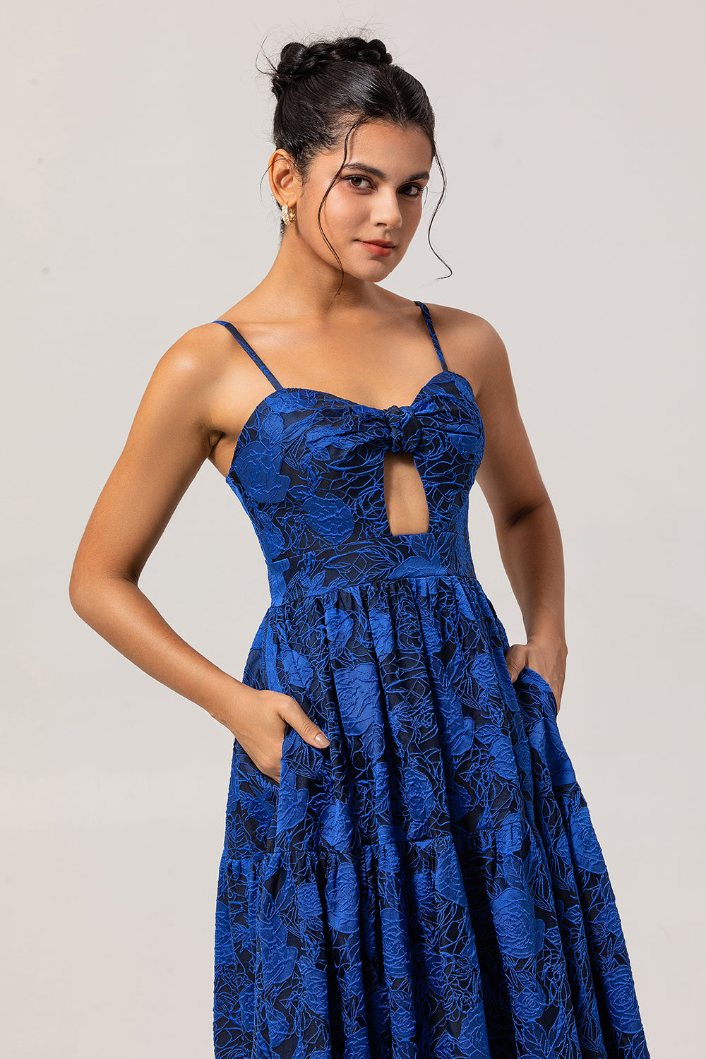 Blue Floral Jacquard Long Ruched Wedding Guest Dress with Keyhole