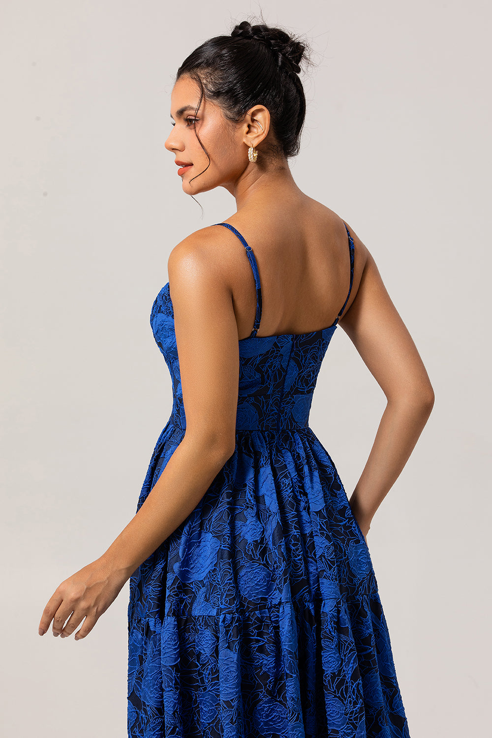 Blue Floral Jacquard Long Ruched Wedding Guest Dress with Keyhole