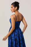 Blue Floral Jacquard Long Ruched Wedding Guest Dress with Keyhole