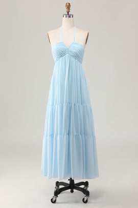 Sky Blue Halter Ruched Chiffon Long Wedding Guest Dress with Bow