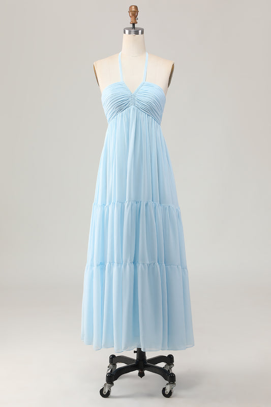 Sky Blue Halter Ruched Chiffon Long Wedding Guest Dress with Bow