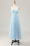 Sky Blue Halter Ruched Chiffon Long Wedding Guest Dress with Bow