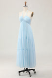 Sky Blue Halter Ruched Chiffon Long Wedding Guest Dress with Bow
