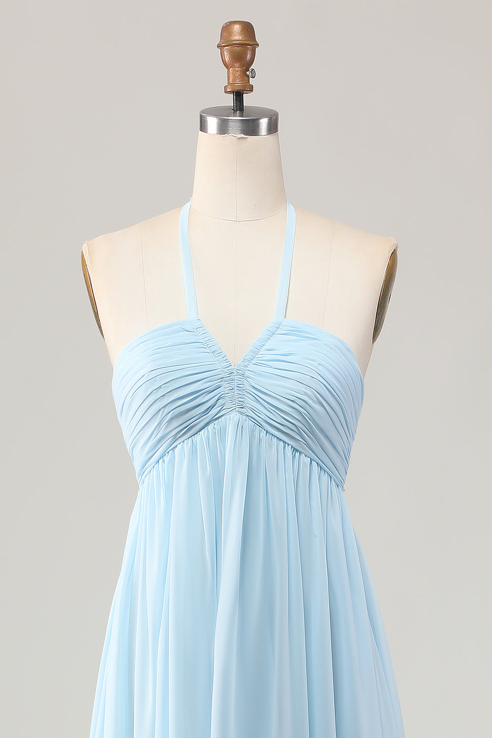 Sky Blue Halter Ruched Chiffon Long Wedding Guest Dress with Bow