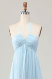 Sky Blue Halter Ruched Chiffon Long Wedding Guest Dress with Bow