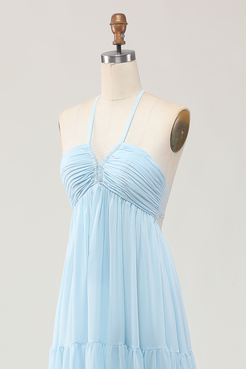 Sky Blue Halter Ruched Chiffon Long Wedding Guest Dress with Bow