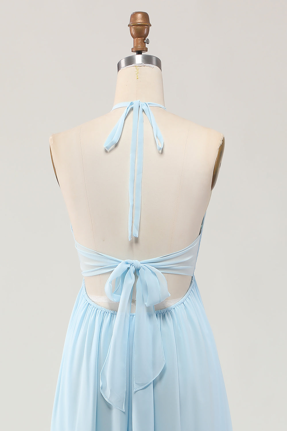 Sky Blue Halter Ruched Chiffon Long Wedding Guest Dress with Bow