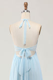 Sky Blue Halter Ruched Chiffon Long Wedding Guest Dress with Bow