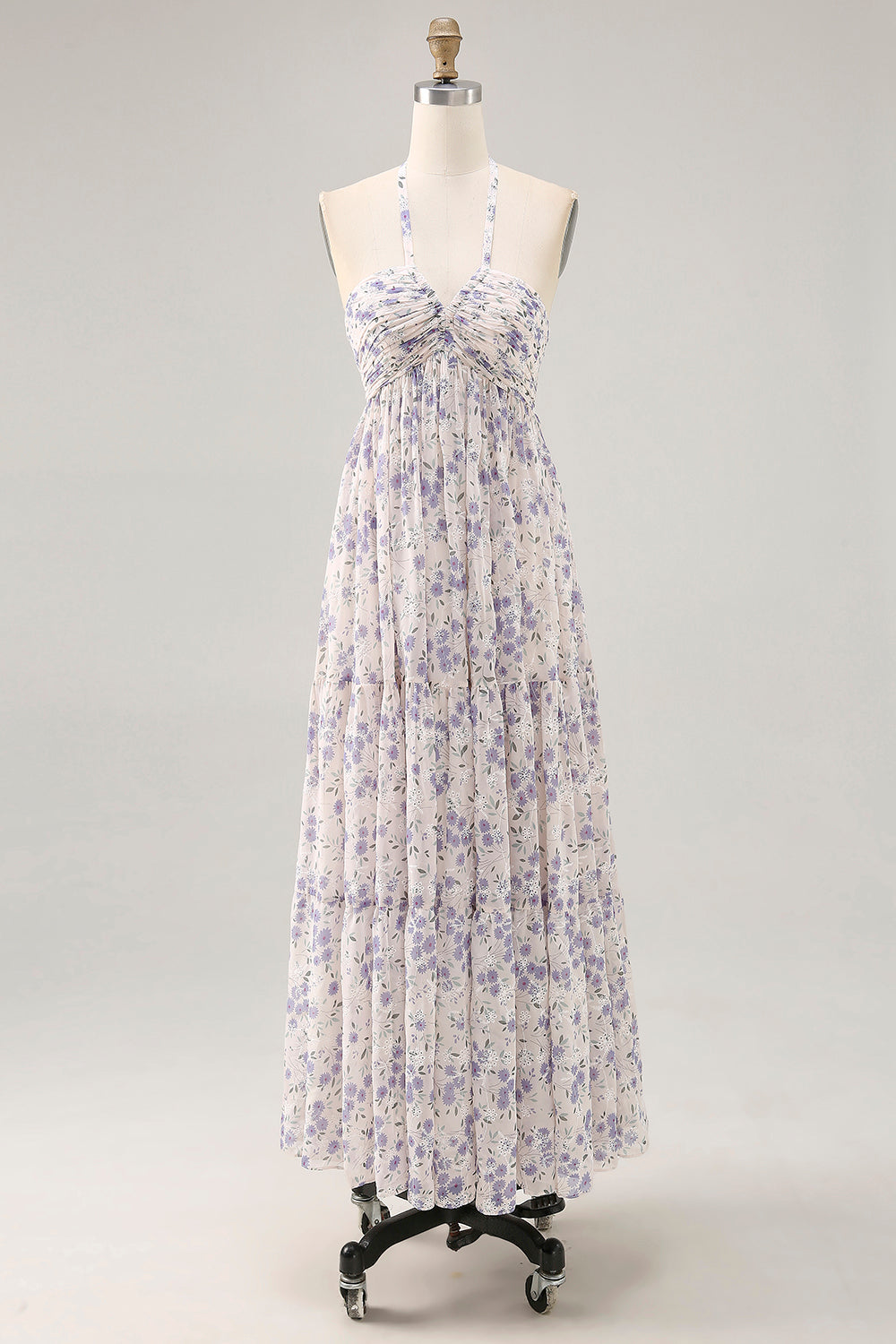 Blue Floral Chiffon Halter Ruched Long Wedding Guest Dress with Bow