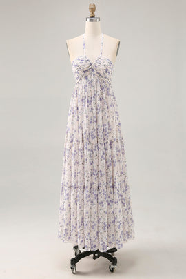 Blue Floral Chiffon Halter Ruched Long Wedding Guest Dress with Bow