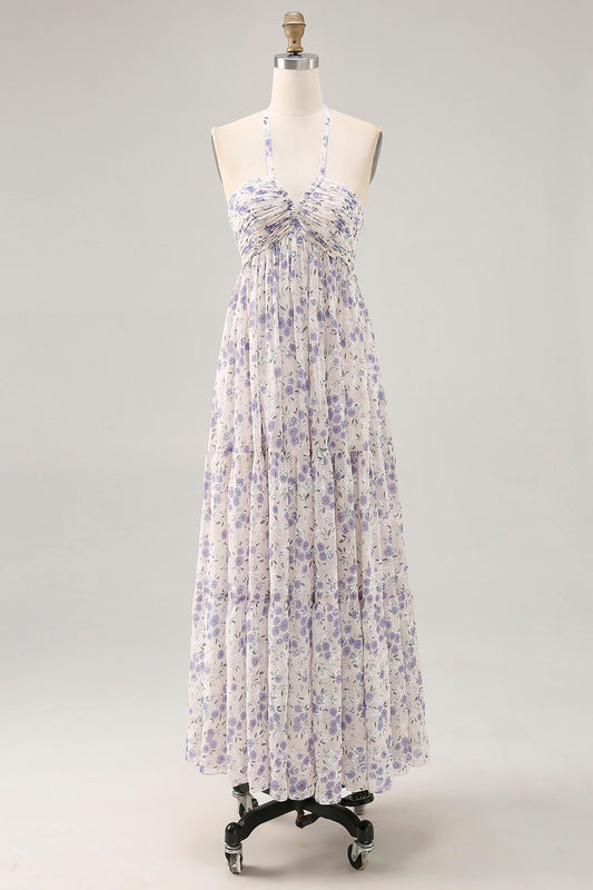 Blue Floral Chiffon Halter Ruched Long Wedding Guest Dress with Bow